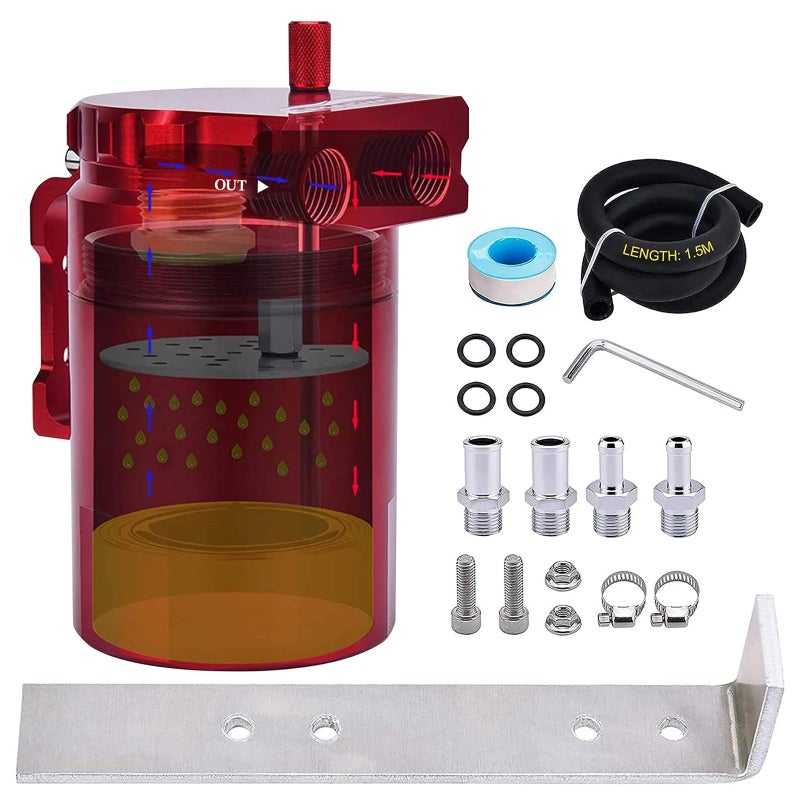 SPEEDWOW Universal Oil Catch Can Tank Filter Baffled With Hose Kit, 300ML(Red) - Image 1